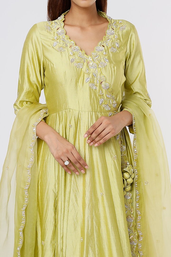 Light Lime Green Embroidered Wedding Anarkali Set by SURBHI SHAH at Pernia's Pop Up Shop