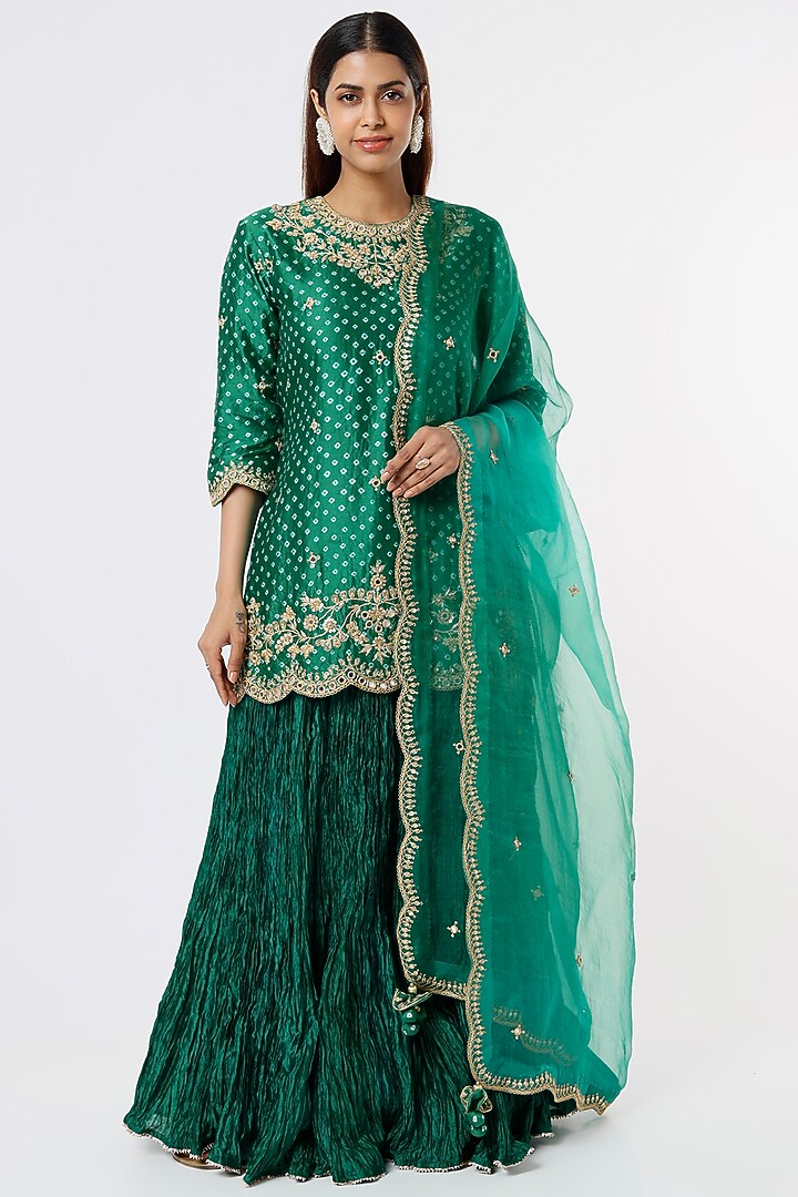 Dark Green Kora Silk Wedding Lehenga Set by SURBHI SHAH at Pernia's Pop Up Shop
