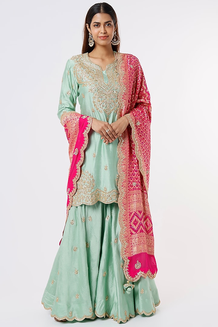 Aquamarine Spun Silk Wedding Sharara Set by SURBHI SHAH at Pernia's Pop Up Shop