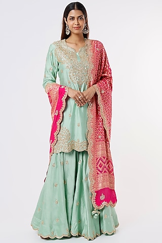 Aquamarine Spun Silk Sharara Set by SURBHI SHAH