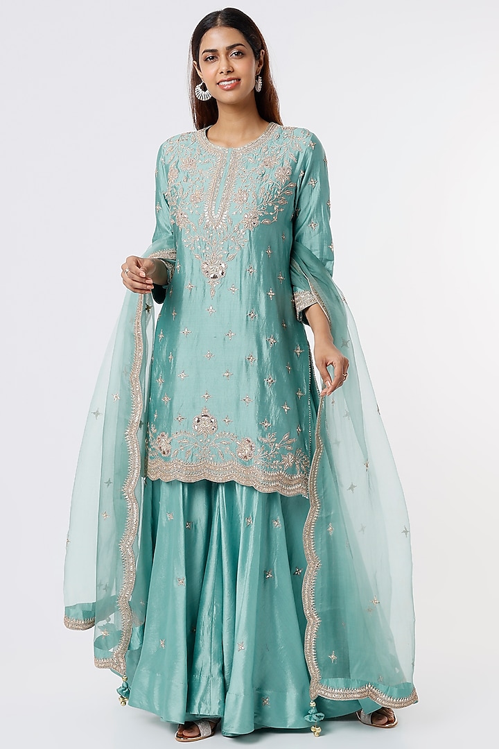 Blue Spun Silk Wedding Sharara Set by SURBHI SHAH at Pernia's Pop Up Shop