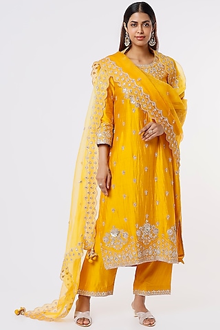 Mango Yellow Embroidered Kurta Set by SURBHI SHAH