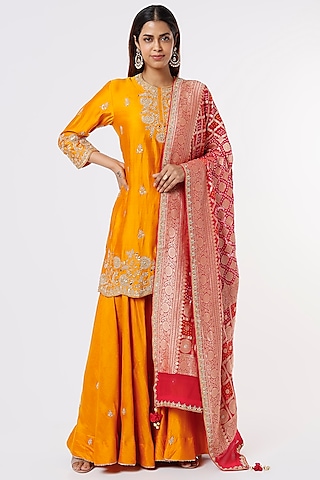 Mango Yellow Pure Spun Silk Sharara Set by SURBHI SHAH