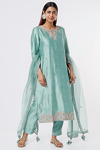 Steel Blue Embroidered Kurta Set by SURBHI SHAH