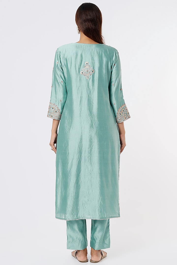 Steel Blue Embroidered Kurta Set by SURBHI SHAH at Pernia's Pop Up Shop