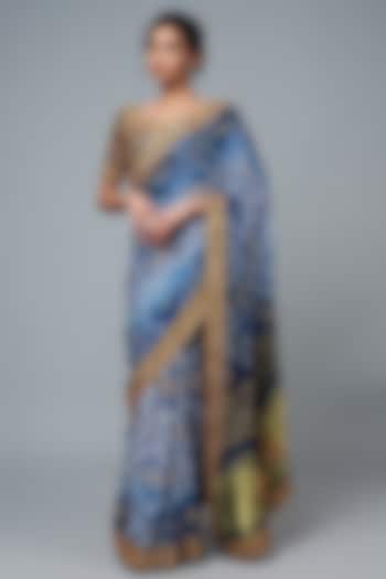 Blue Pure Gajji Silk Bandhej Saree Set by SURBHI SHAH