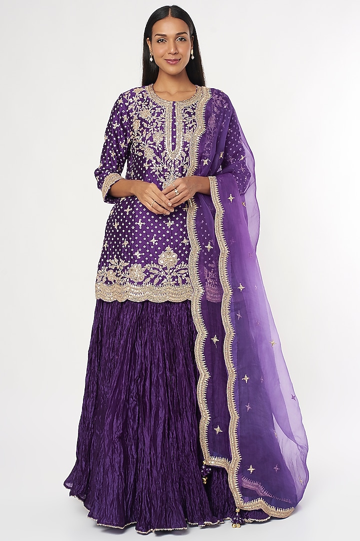 Purple Embroidered Bandhej Kurta Set by SURBHI SHAH at Pernia's Pop Up Shop