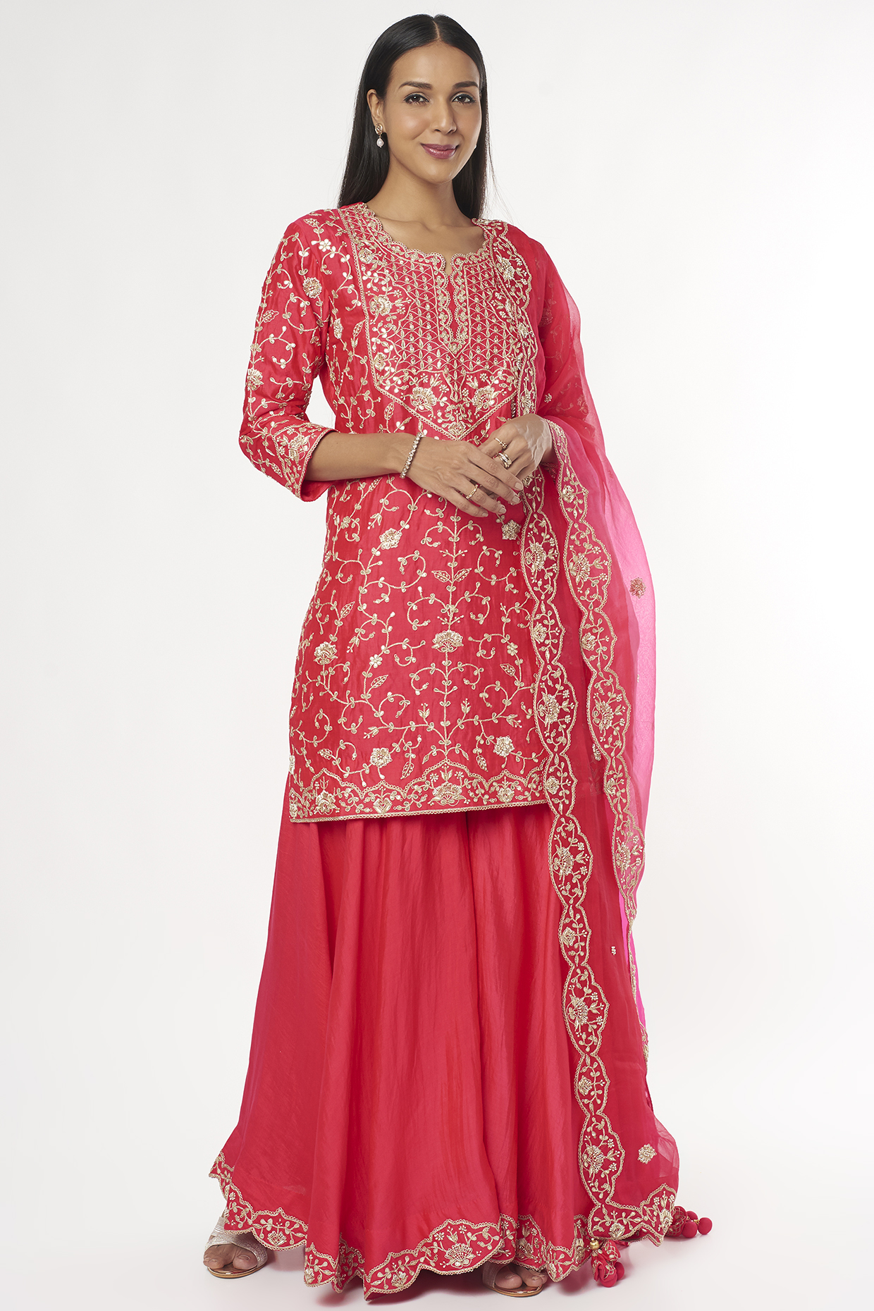 Red Spun Silk Wedding Sharara Set by SURBHI SHAH at Pernia's Pop Up Shop