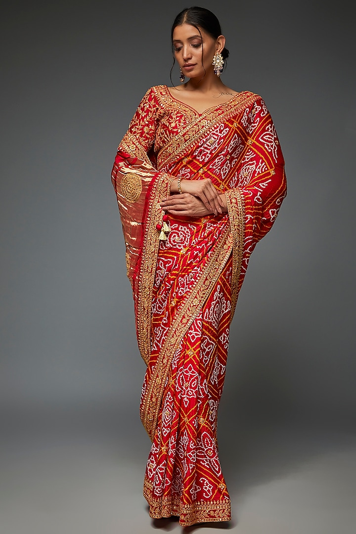 Red Bandhej Gajji Silk Embroidered Saree Set by SURBHI SHAH