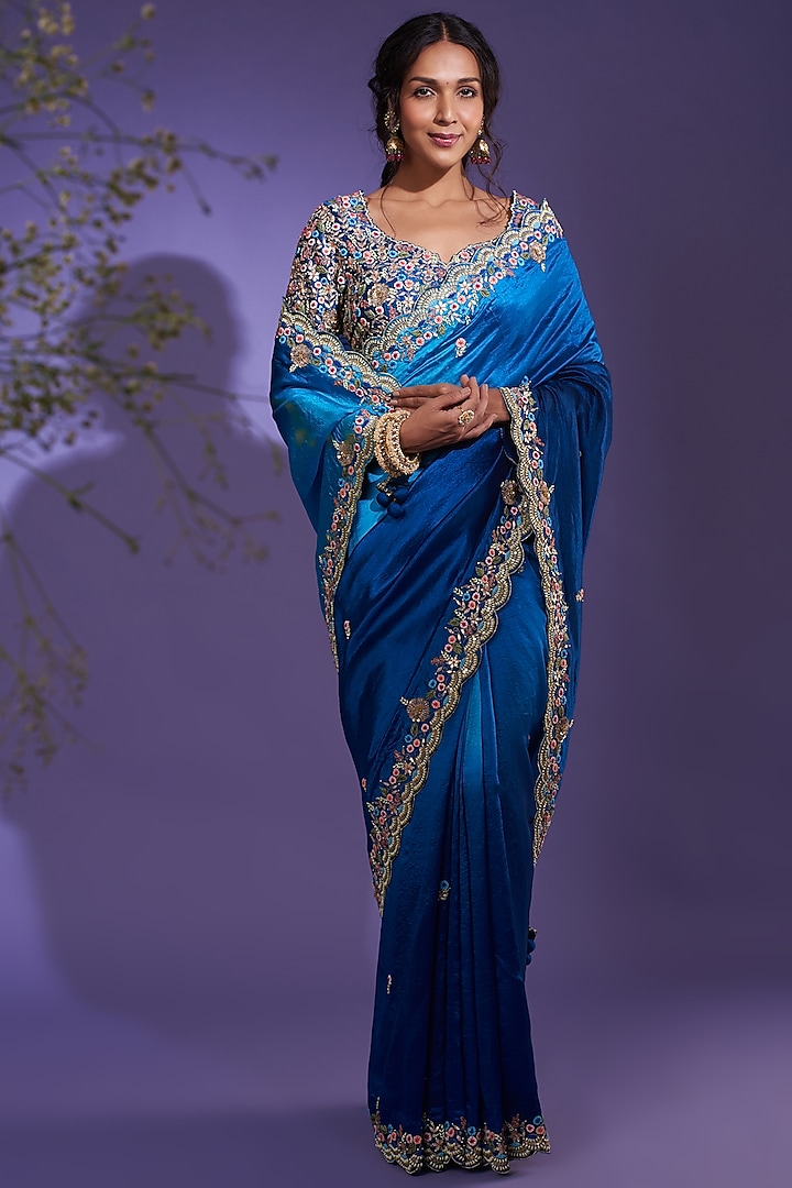 Blue Embroidered Saree Set by SURBHI SHAH