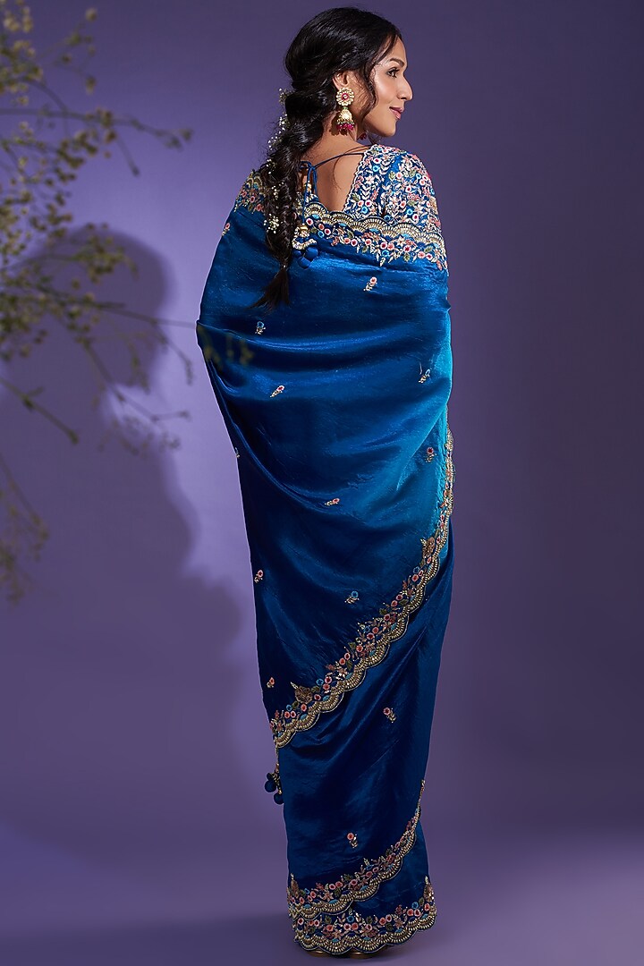 Blue Embroidered Wedding Saree Set by SURBHI SHAH at Pernia's Pop Up Shop