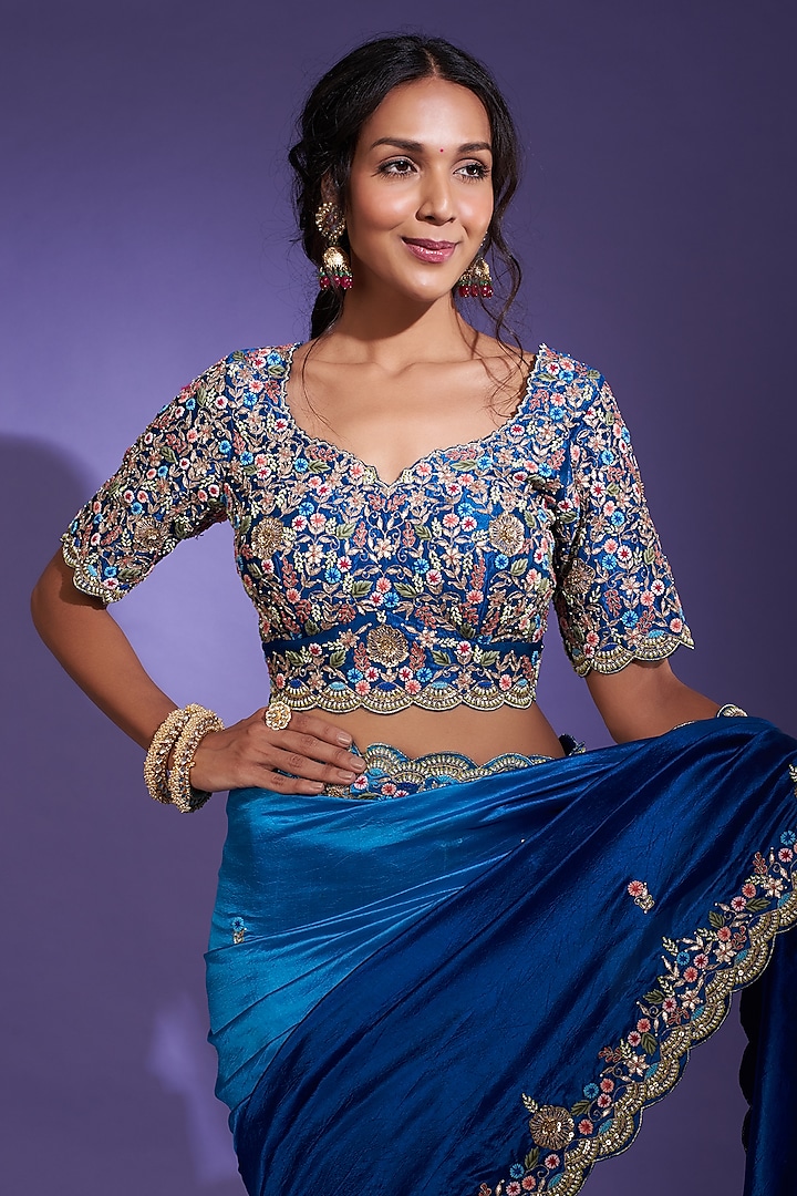 Blue Embroidered Wedding Saree Set by SURBHI SHAH at Pernia's Pop Up Shop