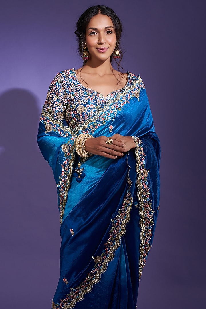 Blue Embroidered Wedding Saree Set by SURBHI SHAH at Pernia's Pop Up Shop