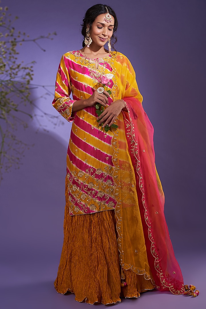 Mango & Rani Pink Spun Silk Wedding Sharara Set by SURBHI SHAH at Pernia's Pop Up Shop