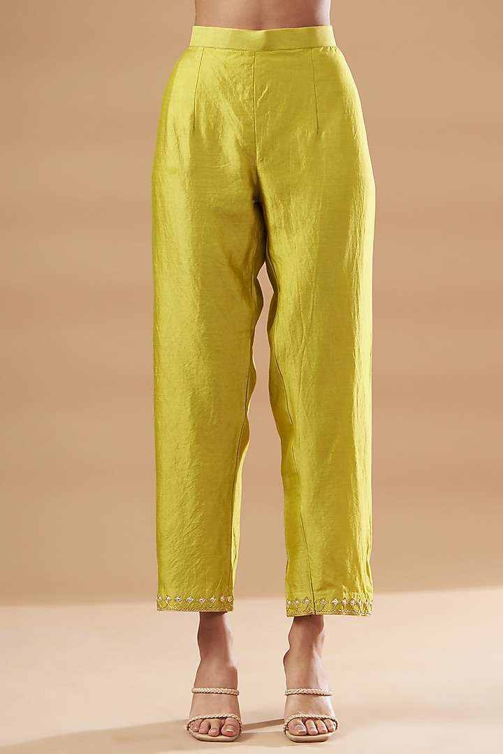Lime Pure Spun Silk Embroidered Kurta Set by SURBHI SHAH at Pernia's Pop Up Shop