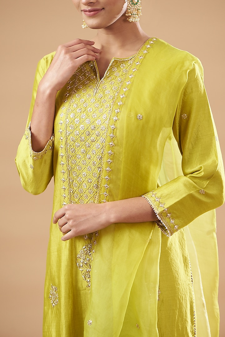 Lime Pure Spun Silk Embroidered Kurta Set by SURBHI SHAH at Pernia's Pop Up Shop