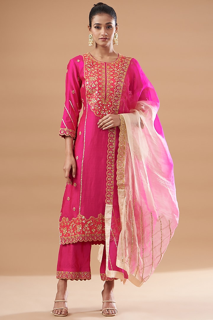 Hot Pink Pure Spun Silk Embroidered Kurta Set by SURBHI SHAH at Pernia's Pop Up Shop