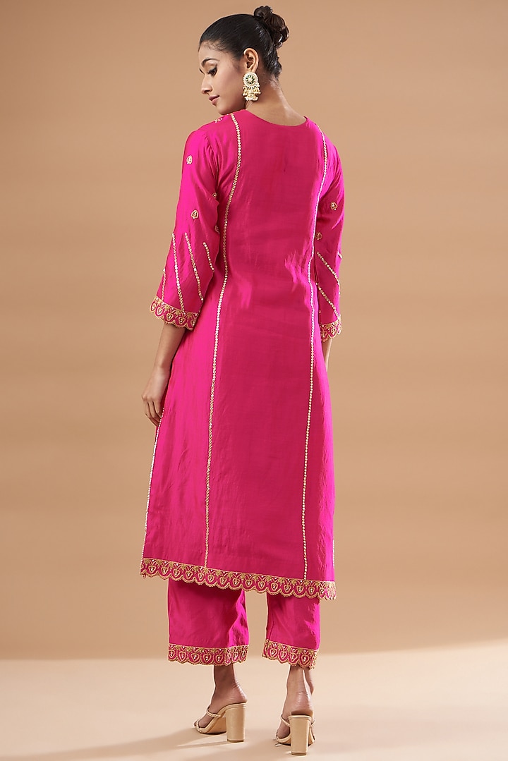 Hot Pink Pure Spun Silk Embroidered Kurta Set by SURBHI SHAH at Pernia's Pop Up Shop