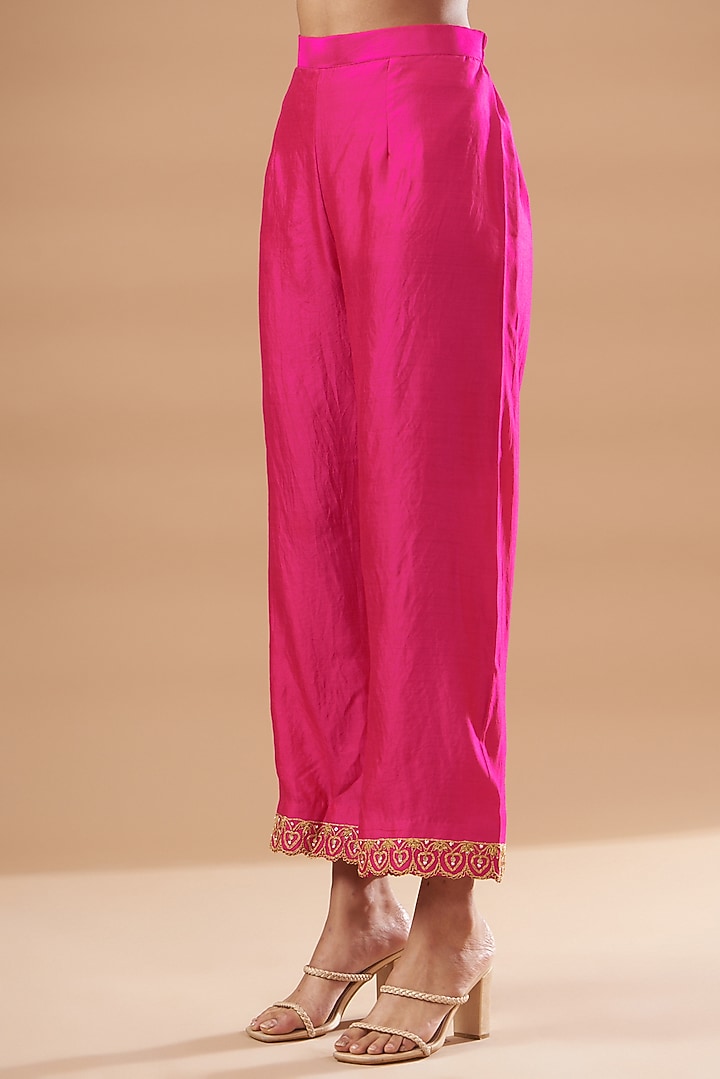 Hot Pink Pure Spun Silk Embroidered Kurta Set by SURBHI SHAH at Pernia's Pop Up Shop
