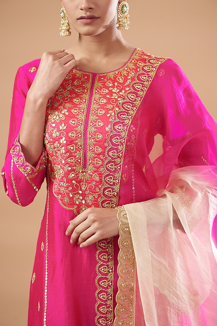 Hot Pink Pure Spun Silk Embroidered Kurta Set by SURBHI SHAH at Pernia's Pop Up Shop