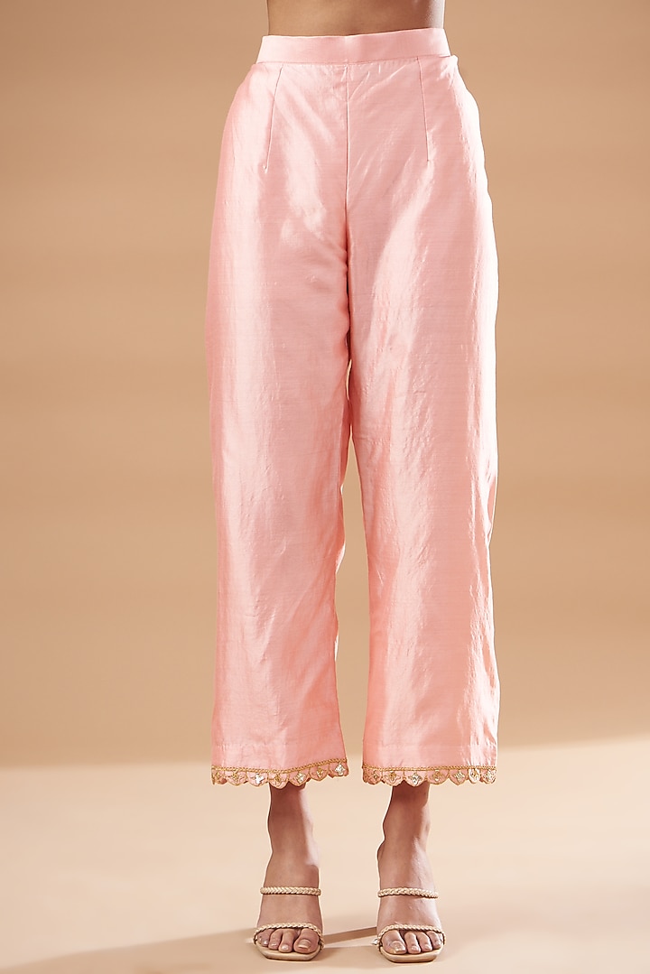 Blush Pink Pure Spun Silk Embroidered Kurta Set by SURBHI SHAH at Pernia's Pop Up Shop