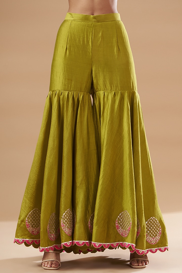 Lime Pure Spun Silk Wedding Sharara Set by SURBHI SHAH at Pernia's Pop Up Shop