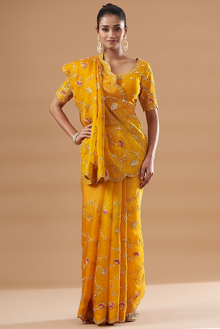 Yellow Pure Organza Embroidered Saree Set by SURBHI SHAH