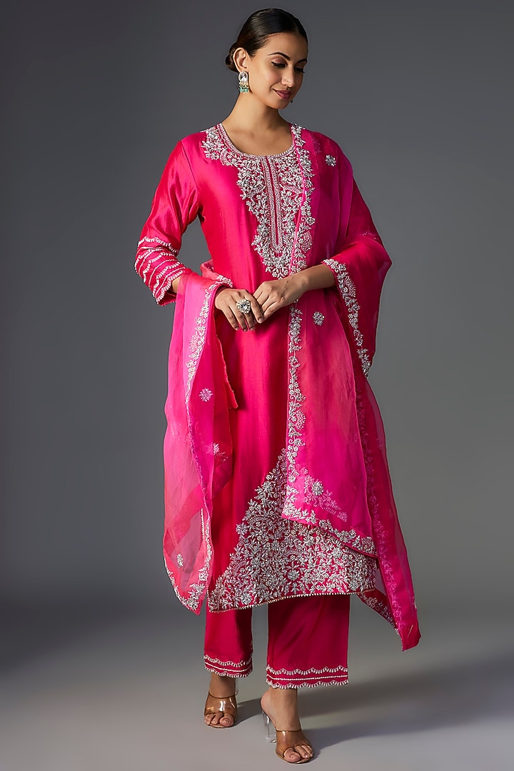 Hot Pink Pure Spun Silk Zardosi Embroidered Kurta Set by SURBHI SHAH at Pernia's Pop Up Shop