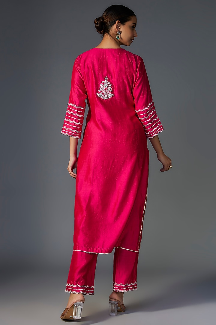 Hot Pink Pure Spun Silk Zardosi Embroidered Kurta Set by SURBHI SHAH at Pernia's Pop Up Shop