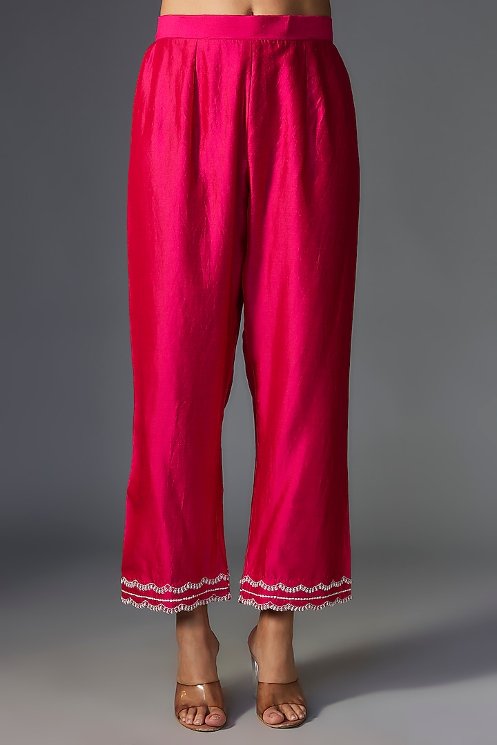 Hot Pink Pure Spun Silk Zardosi Embroidered Kurta Set by SURBHI SHAH at Pernia's Pop Up Shop