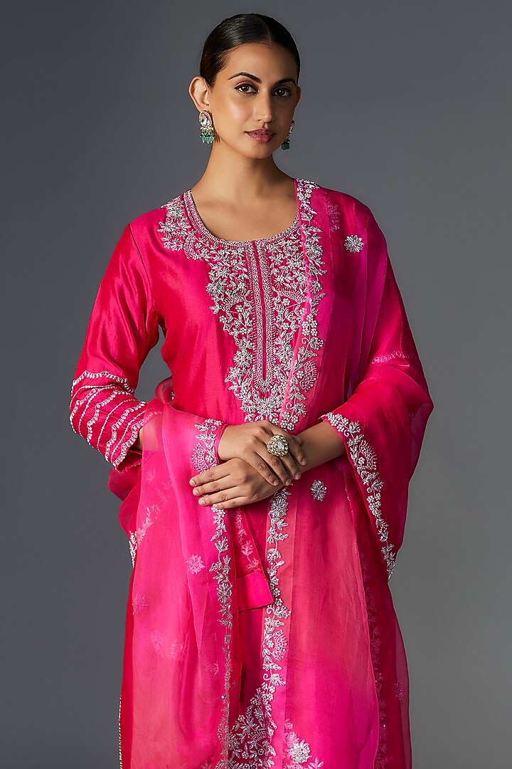 Hot Pink Pure Spun Silk Zardosi Embroidered Kurta Set by SURBHI SHAH at Pernia's Pop Up Shop