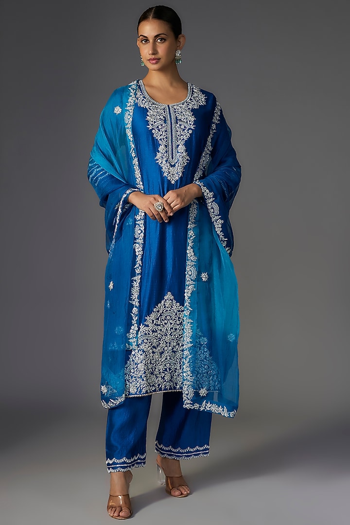 Teal Blue Pure Spun Silk Zardosi Embroidered Kurta Set by SURBHI SHAH at Pernia's Pop Up Shop