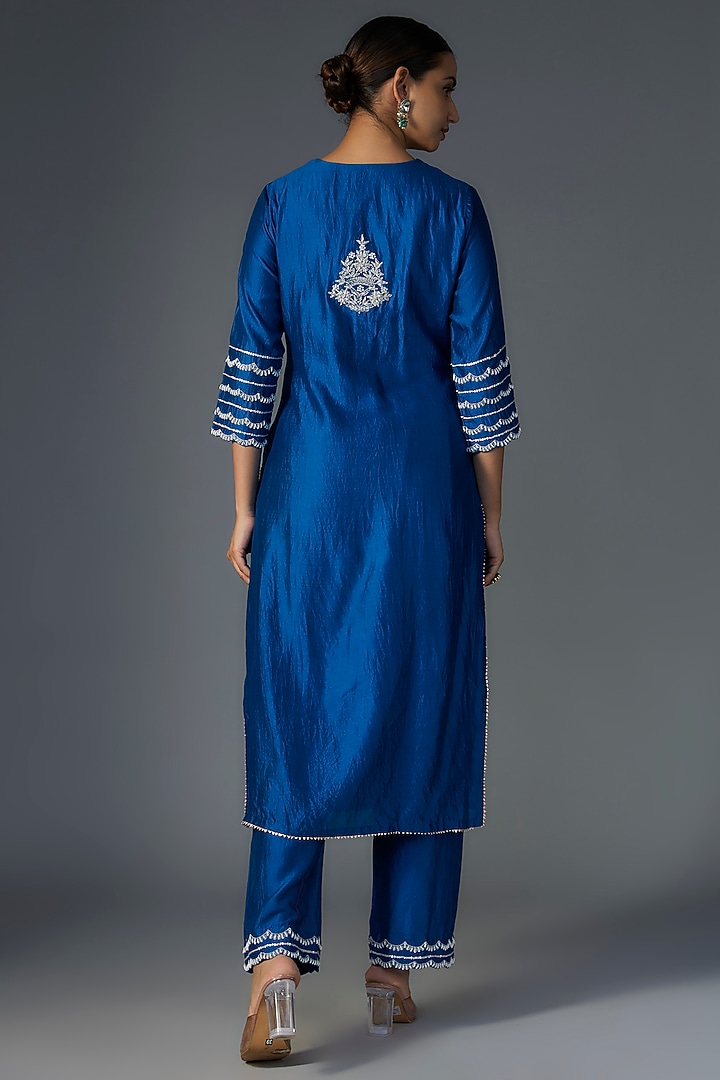 Teal Blue Pure Spun Silk Zardosi Embroidered Kurta Set by SURBHI SHAH at Pernia's Pop Up Shop
