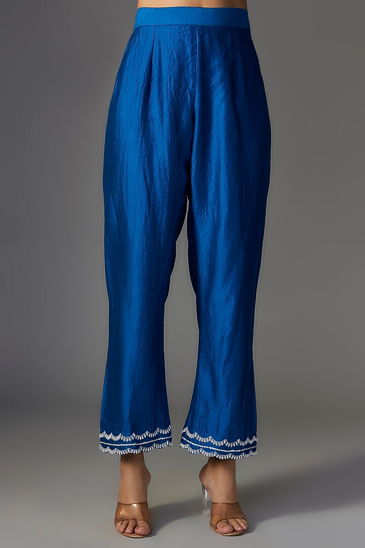 Teal Blue Pure Spun Silk Zardosi Embroidered Kurta Set by SURBHI SHAH at Pernia's Pop Up Shop