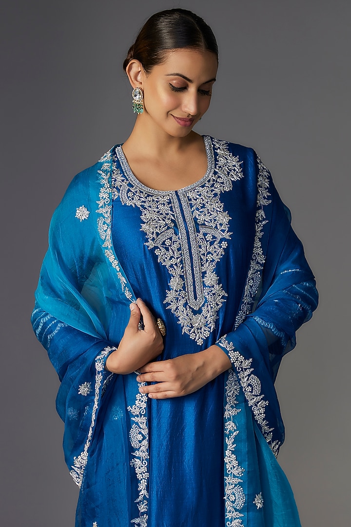Teal Blue Pure Spun Silk Zardosi Embroidered Kurta Set by SURBHI SHAH at Pernia's Pop Up Shop