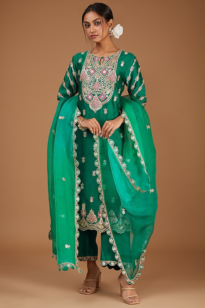 Green Pure Spun Silk Gota Patti Kurta Set by SURBHI SHAH at Pernia's Pop Up Shop