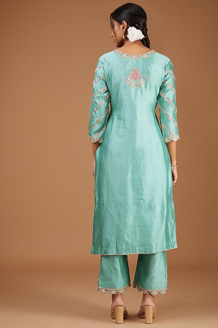 Aqua Blue Pure Spun Silk Gota Patti Kurta Set by SURBHI SHAH at Pernia's Pop Up Shop
