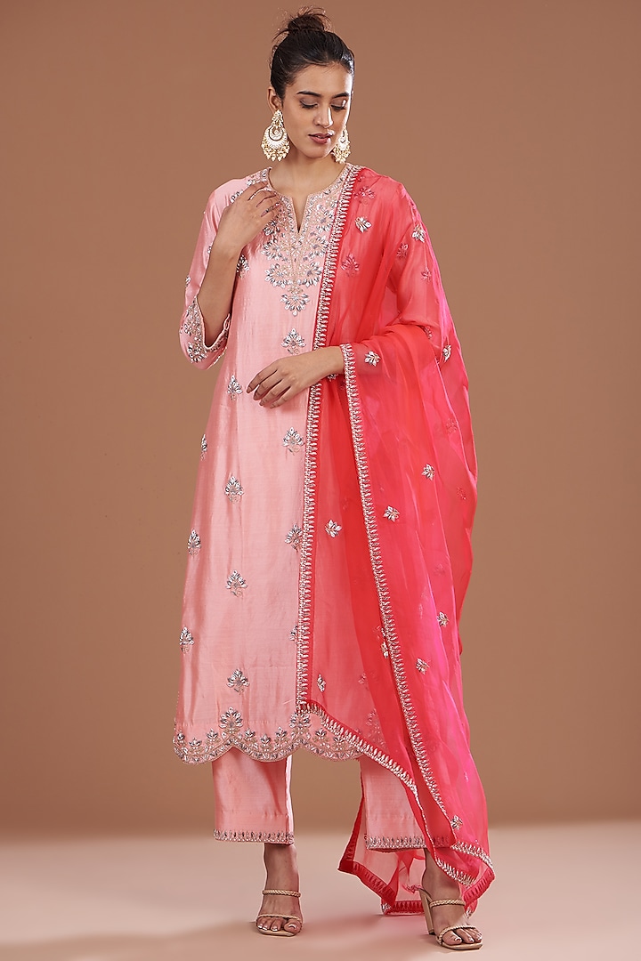 Blush Pink Pure Spun Silk Zardosi Marori Embroidered Kurta Set by SURBHI SHAH at Pernia's Pop Up Shop