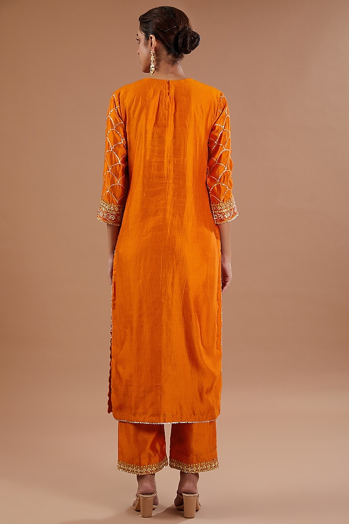 Orange Spun Silk Sequins Embroidered Kurta Set by SURBHI SHAH at Pernia's Pop Up Shop