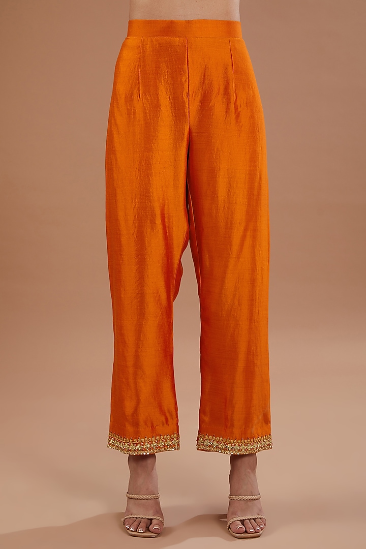 Orange Spun Silk Sequins Embroidered Kurta Set by SURBHI SHAH at Pernia's Pop Up Shop