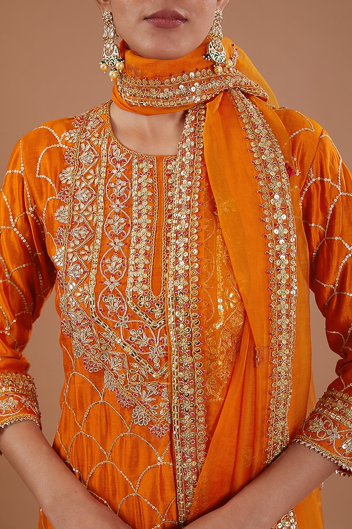 Orange Spun Silk Sequins Embroidered Kurta Set by SURBHI SHAH at Pernia's Pop Up Shop