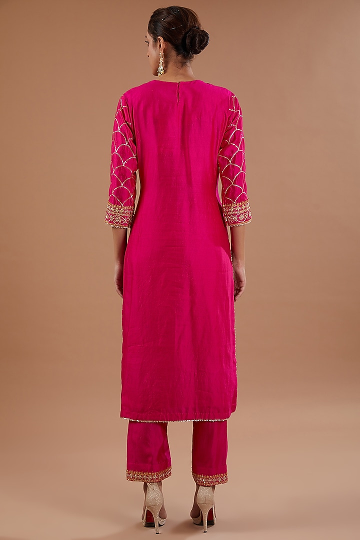 Hot Pink Pure Spun Silk Sequins Embroidered Kurta Set by SURBHI SHAH at Pernia's Pop Up Shop