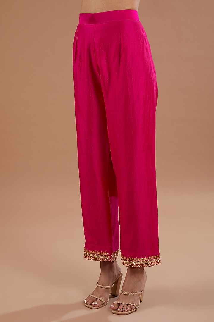Hot Pink Pure Spun Silk Sequins Embroidered Kurta Set by SURBHI SHAH at Pernia's Pop Up Shop