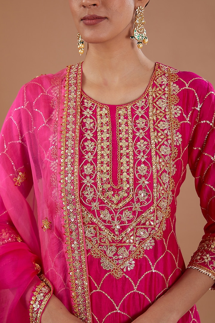 Hot Pink Pure Spun Silk Sequins Embroidered Kurta Set by SURBHI SHAH at Pernia's Pop Up Shop