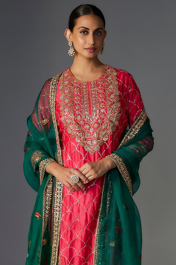 Red Pure Spun Silk Marori Embroidered Kurta Set by SURBHI SHAH at Pernia's Pop Up Shop