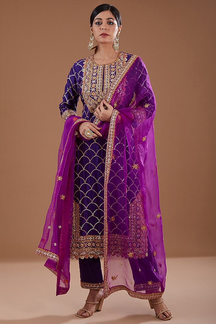 Purple Pure Spun Silk Sequins & Marori Kurta Set by SURBHI SHAH at Pernia's Pop Up Shop