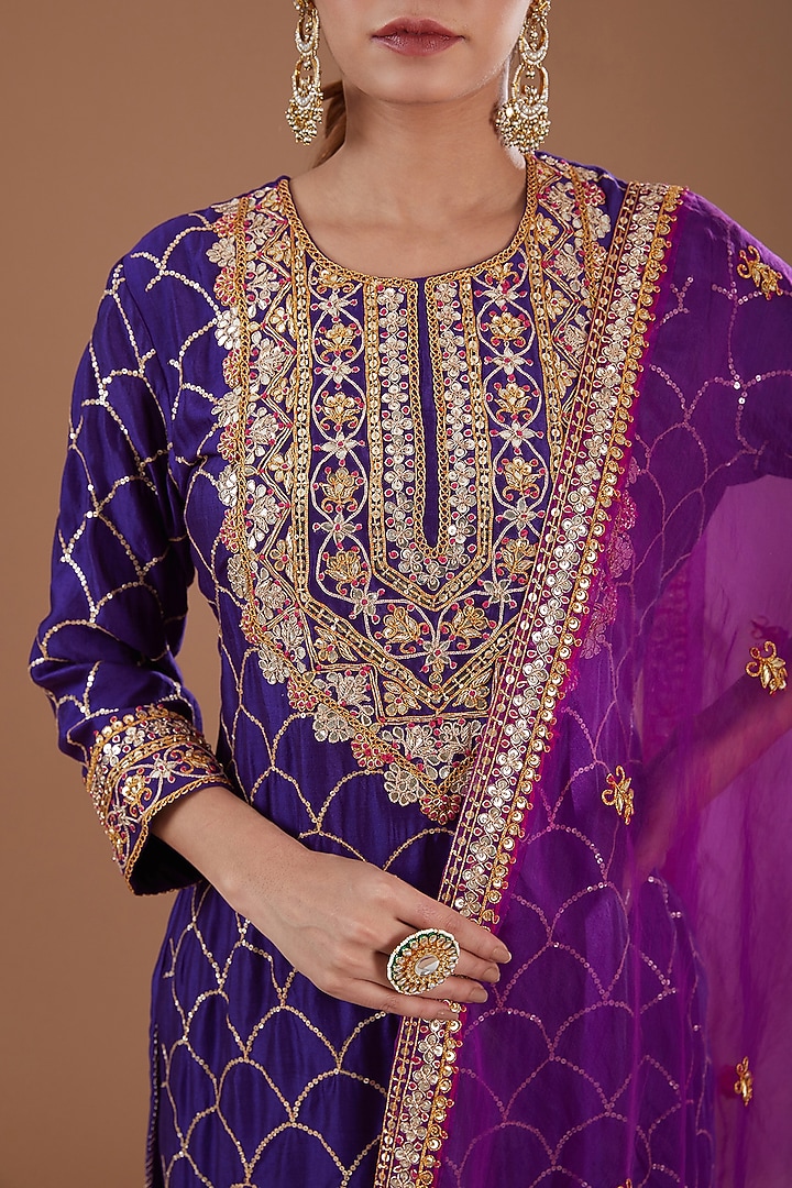 Purple Pure Spun Silk Sequins & Marori Kurta Set by SURBHI SHAH at Pernia's Pop Up Shop