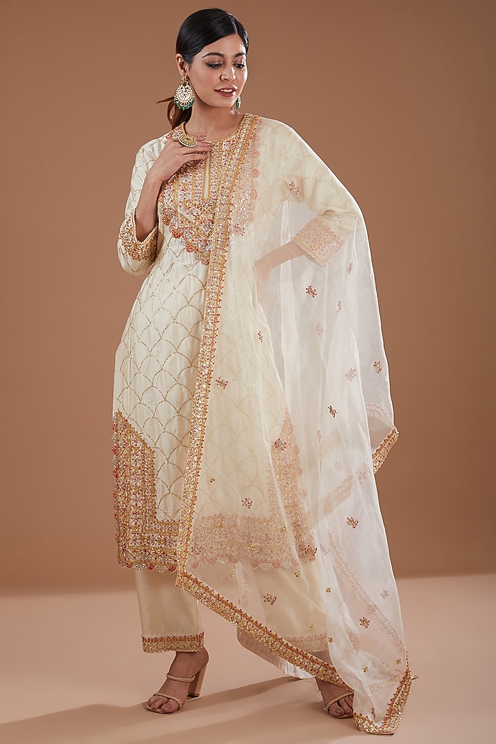 Ivory Pure Spun Silk Sequins & Marori Kurta Set by SURBHI SHAH at Pernia's Pop Up Shop