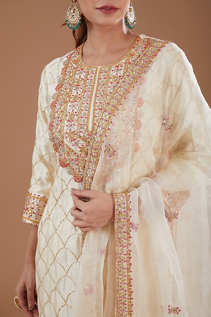Ivory Pure Spun Silk Sequins & Marori Kurta Set by SURBHI SHAH at Pernia's Pop Up Shop