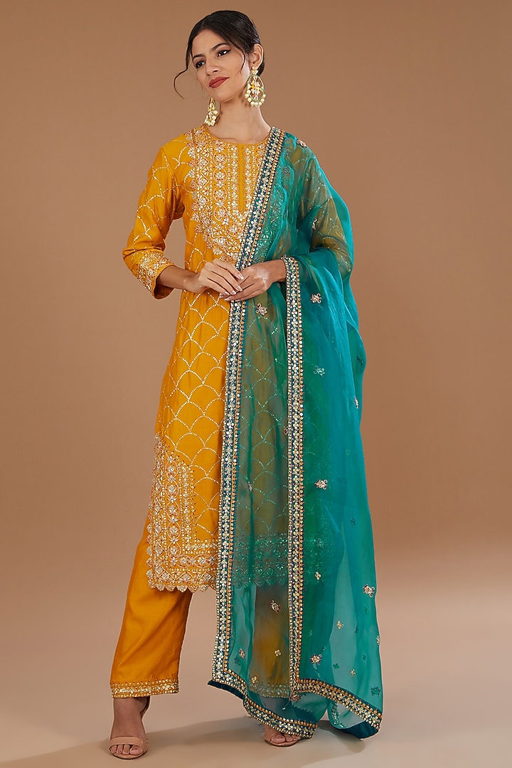 Mustard Yellow Pure Spun Silk Sequins Marori Embroidered Kurta Set by SURBHI SHAH at Pernia's Pop Up Shop